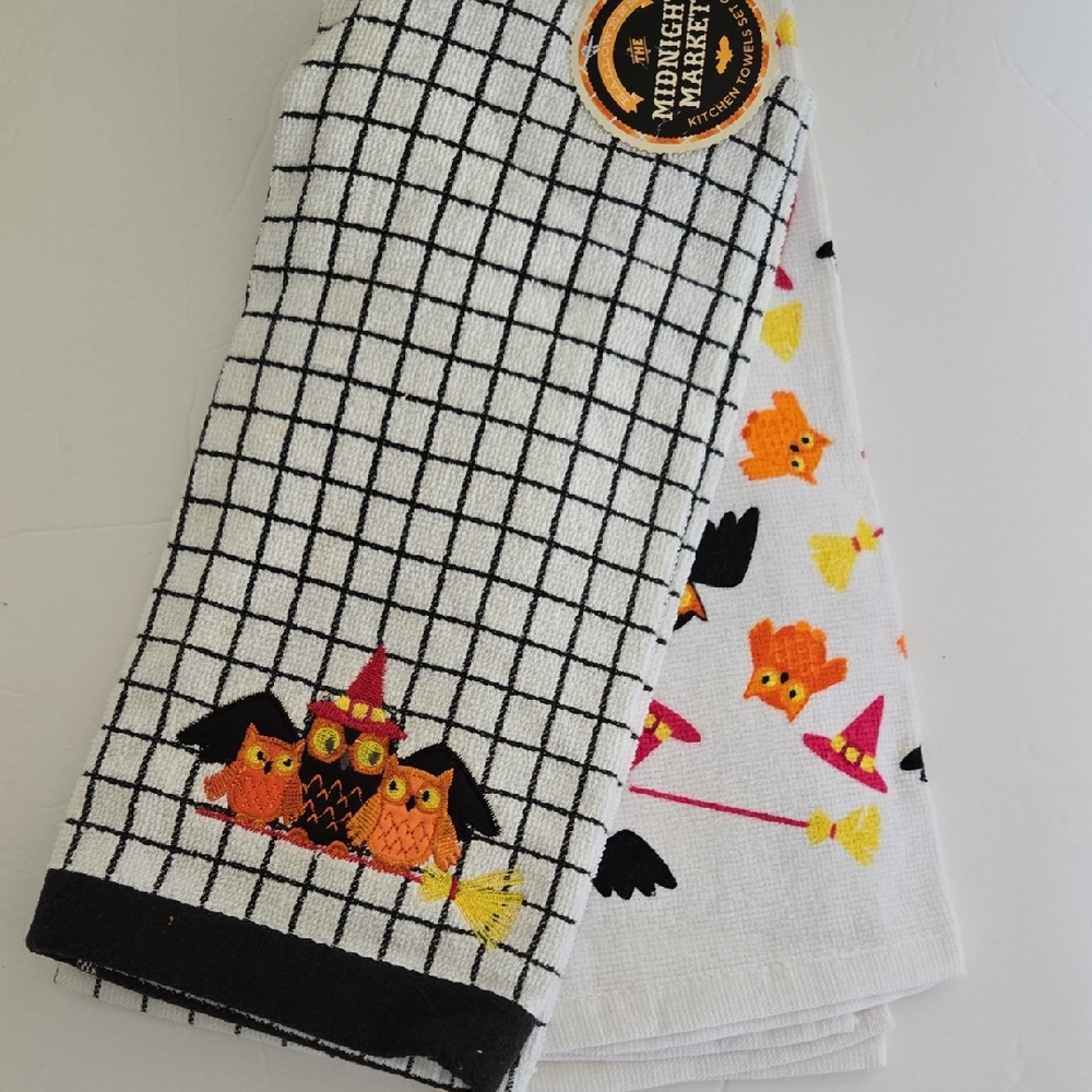 Halloween Embrodery Owl and Witch Hat Kitchen Towels